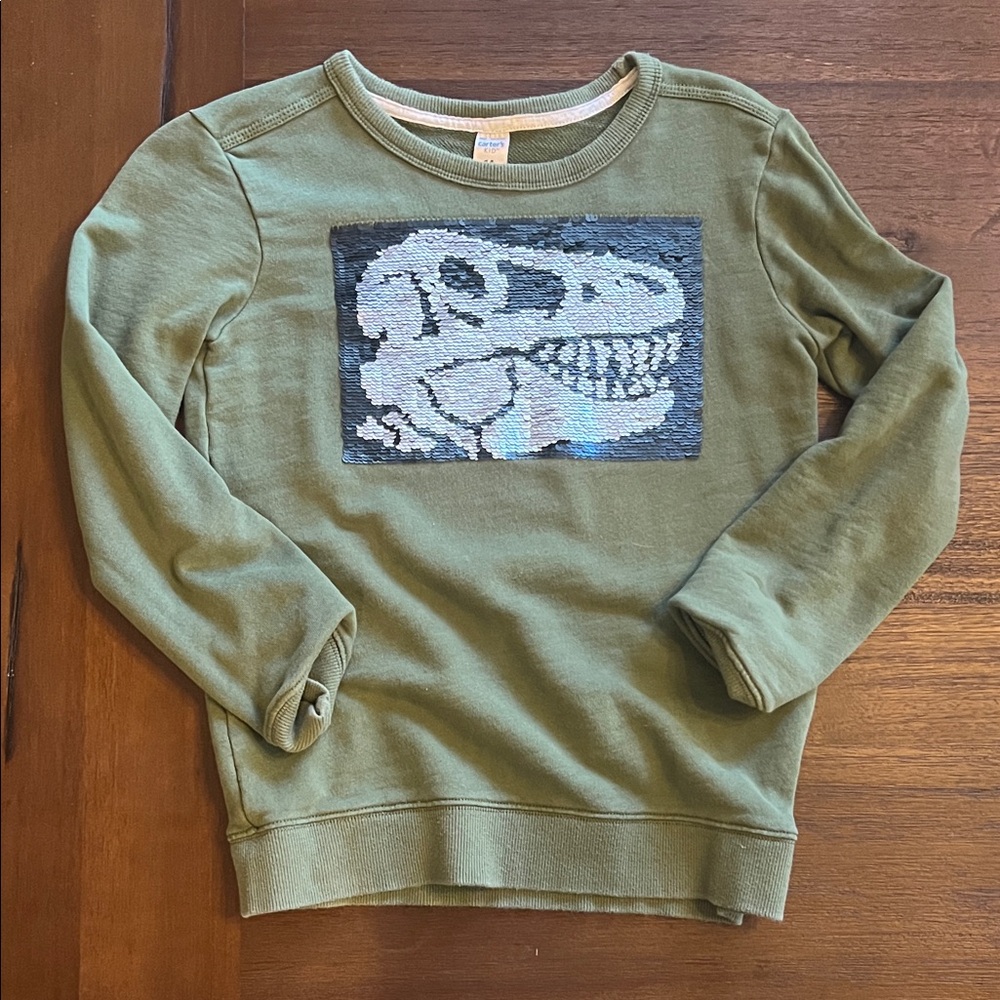 Sz 14 Green Dino Graphic Sweatshirt with flip sequins for new image. Like New